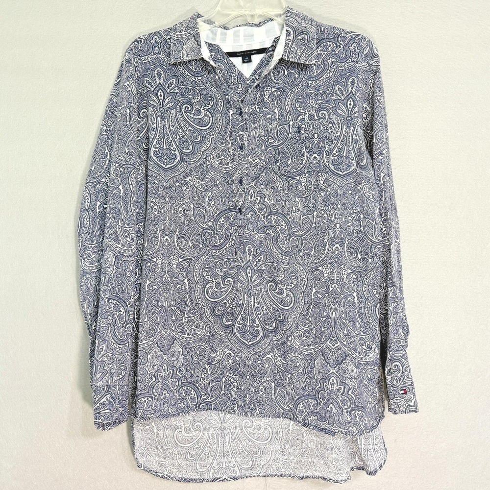 Tommy Hilfiger Paisley Henley Blouse Womens Size L Blue Cotton Long Sleeve Top